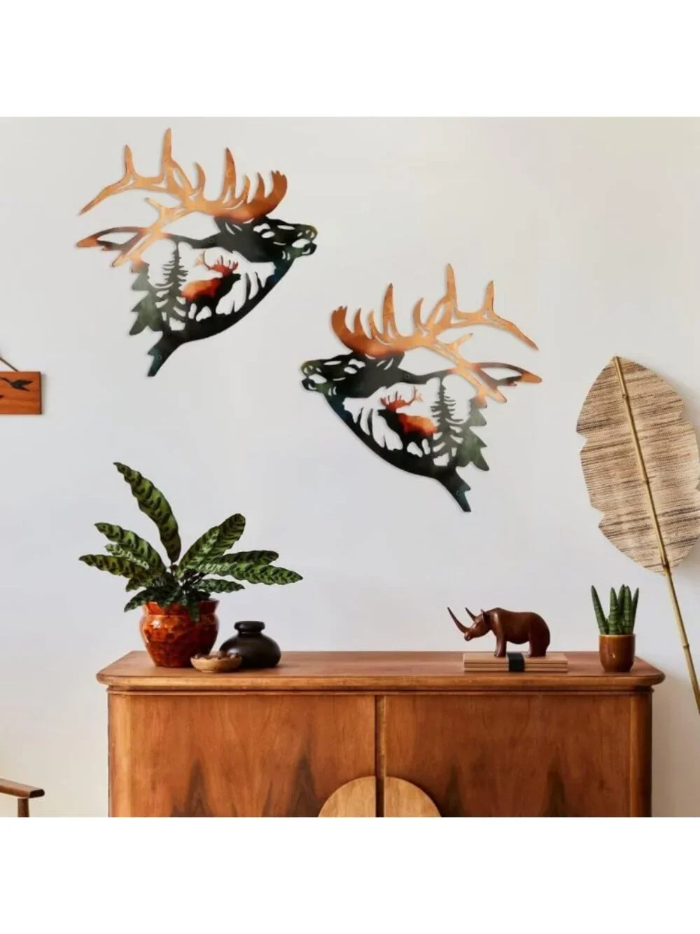 Rustic Elk Wall Art Set of 2 - Metal Deer Decor for Cabin, Home & Bedroom